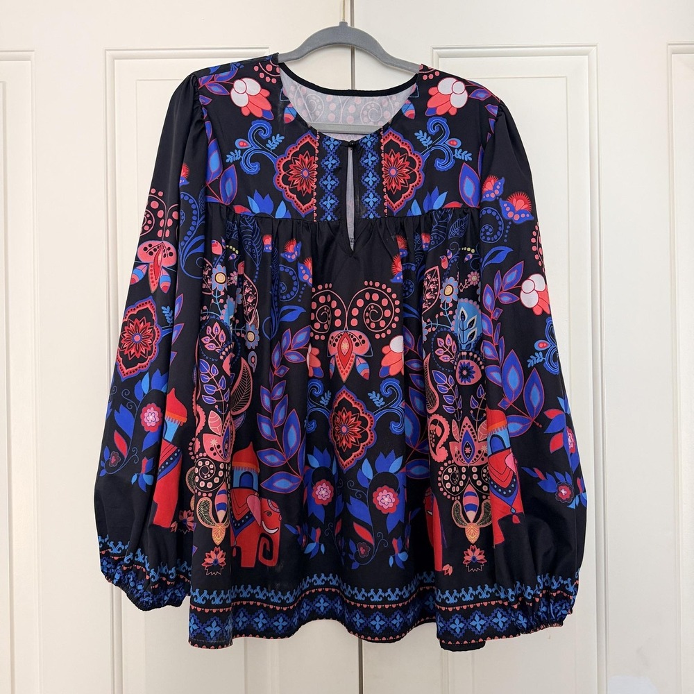 Shein Blouse Womens 4XL Multicolor Floral Elephant Boho Balloon Sleeve Tunic Top